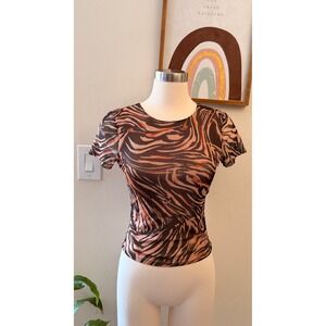 Tiger Mist Mesh Baby Tee Womens Medium Brown Tiger Stripe Animal Print Y2K